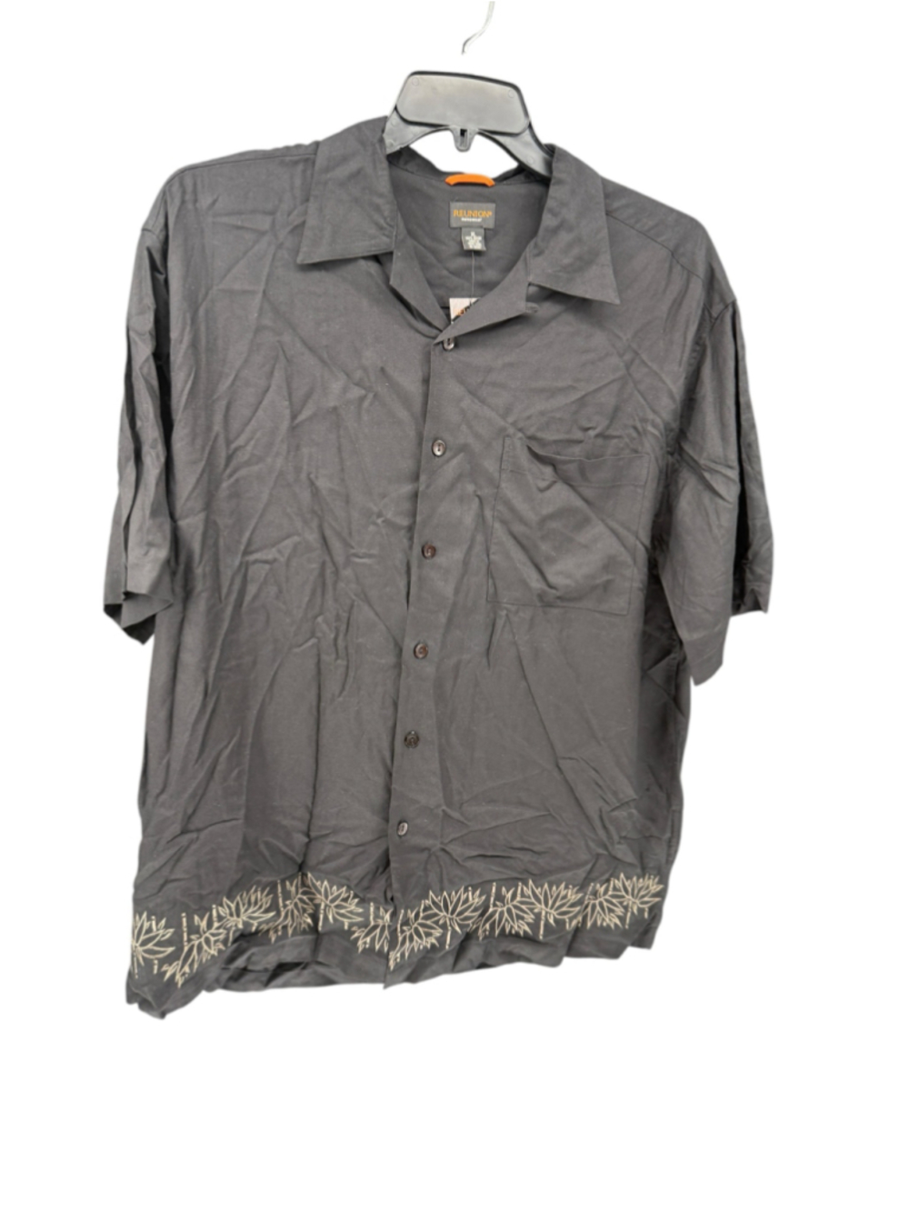 Men's Reunion Casual Button Down Shirt XL Black Beige Tropical Print